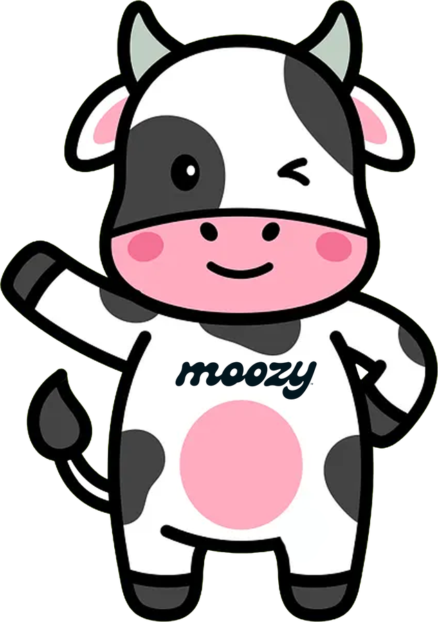 Moozy cow mascot magnet, waving and winking