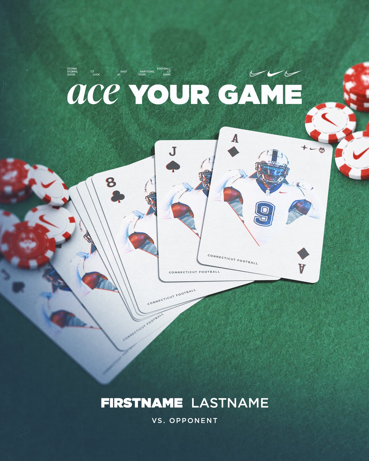 Ace Your Game good luck graphic for UConn Football recruits
