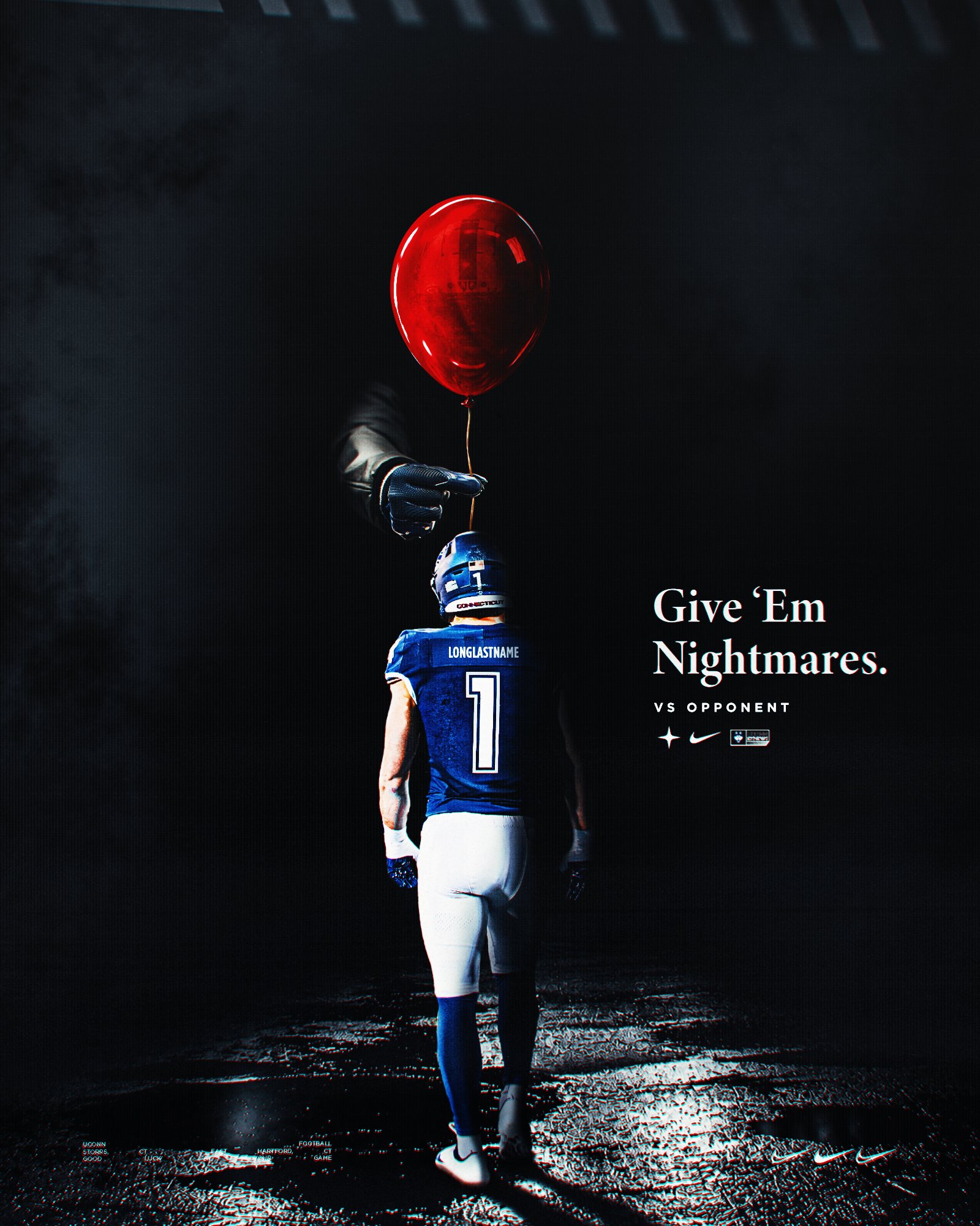 Give 'Em Nightmares Halloween recruiting graphic for UConn Football, a gloved hand holding a red balloon